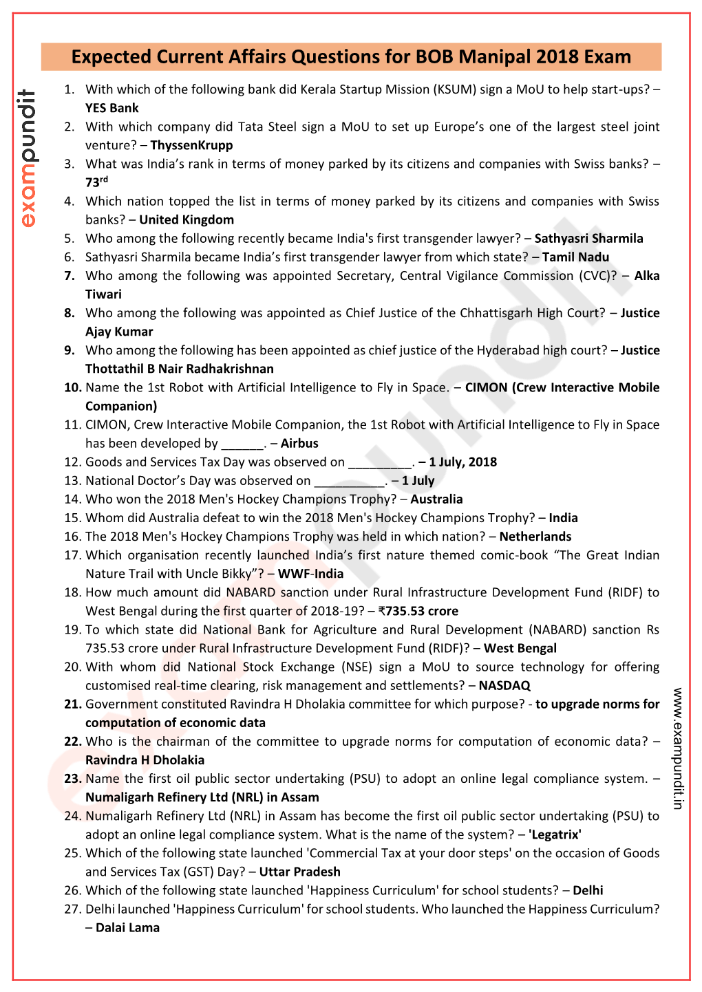 Expected Current Affairs Questions for BOB Manipal 2018 Exam