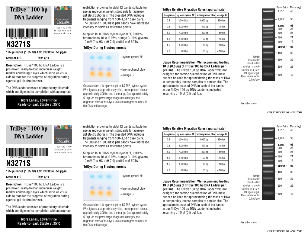 Datasheet for Tridye™ 100 Bp DNA Ladder (N3271; Lot 0131204)