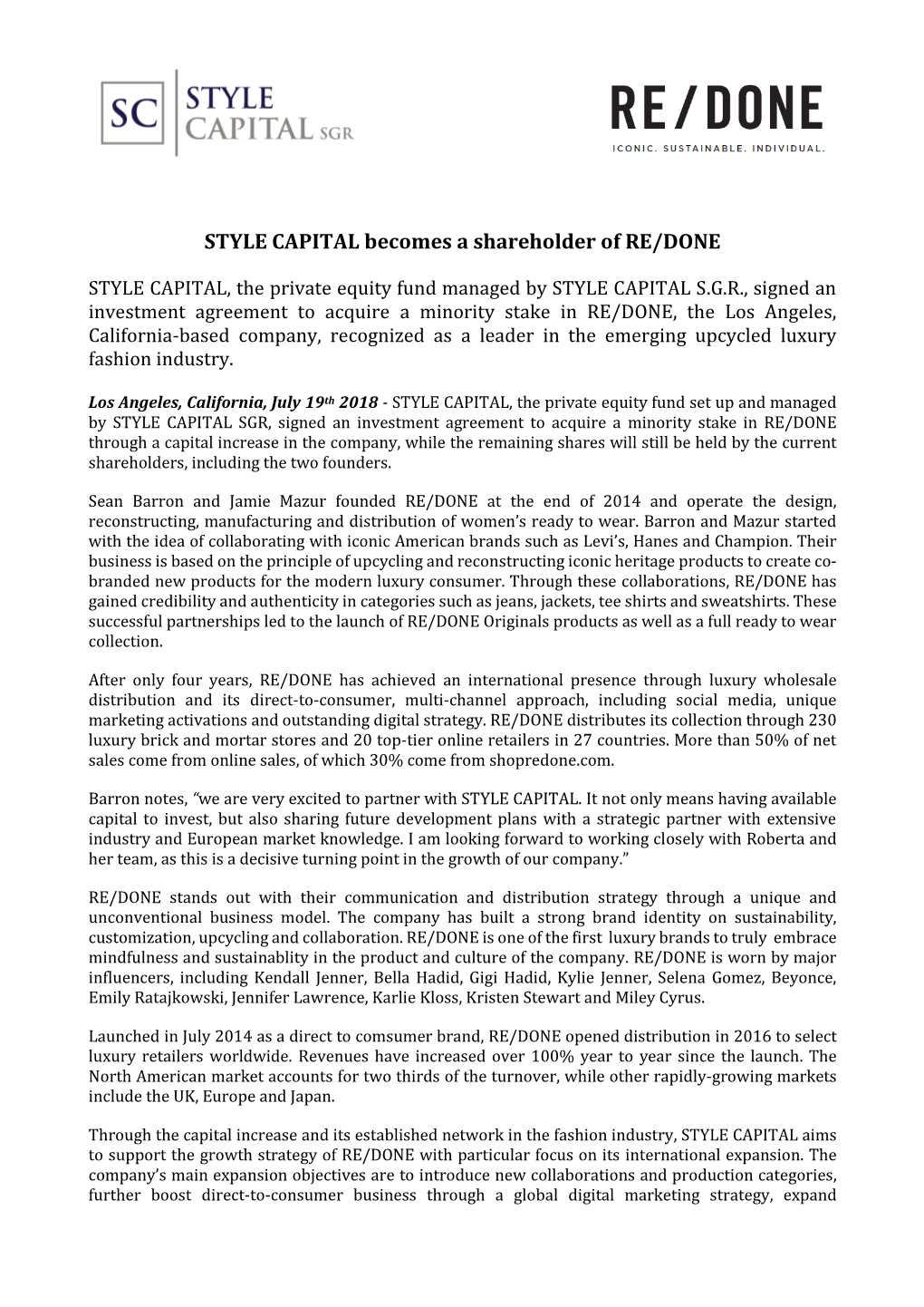 STYLE CAPITAL Becomes a Shareholder of RE/DONE