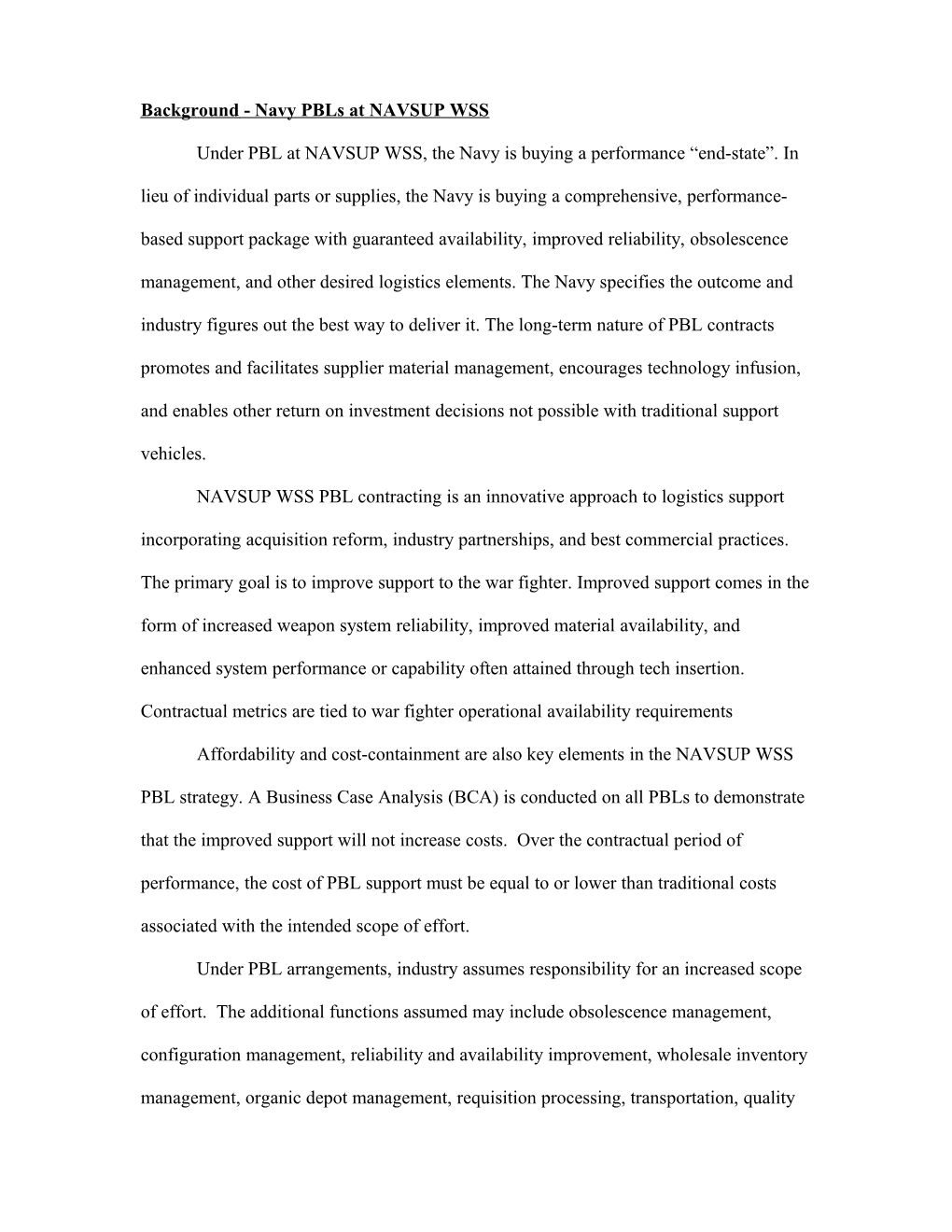 Implementation of Navy PBL Arrangements by Naval Supply Systems Command NAVSUP Weapon System