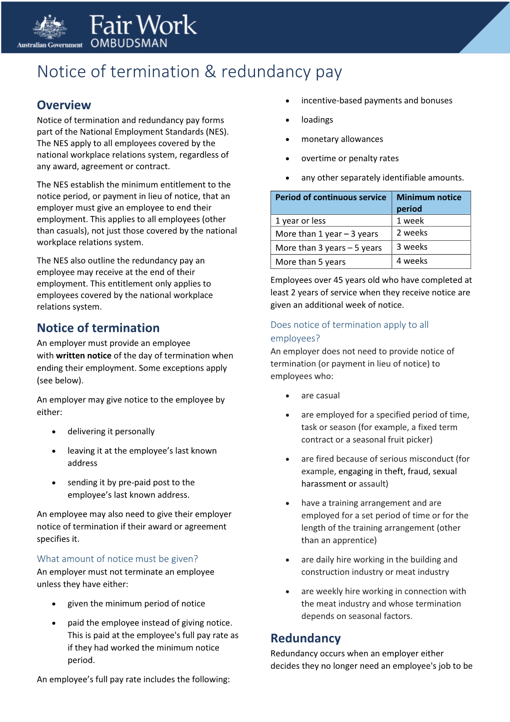 Notice of Termination and Redundancy Pay Forms  Loadings Part of the National Employment Standards (NES)