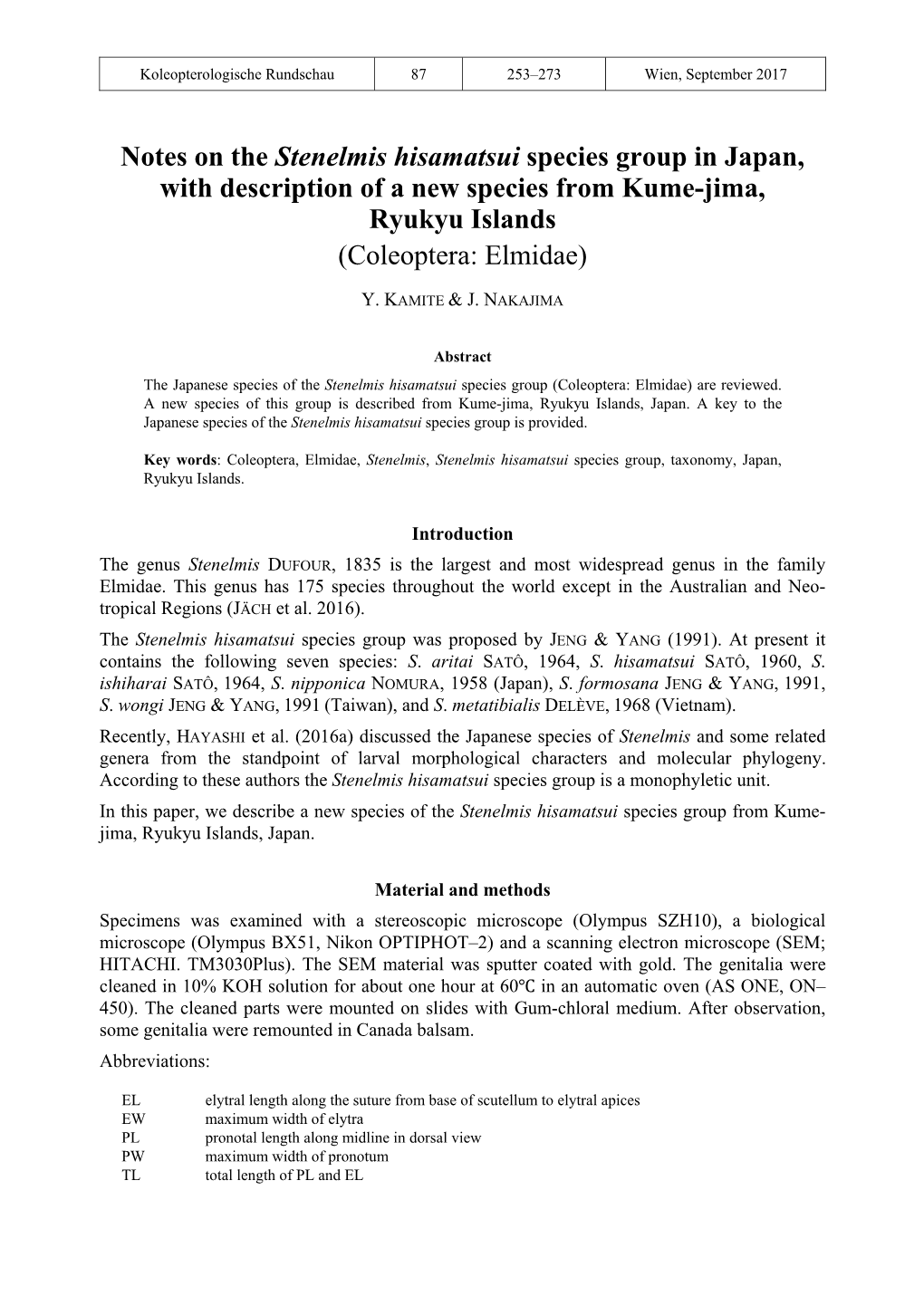 Notes on the Stenelmis Hisamatsui Species Group in Japan, with Description of a New Species from Kume-Jima, Ryukyu Islands (Cole