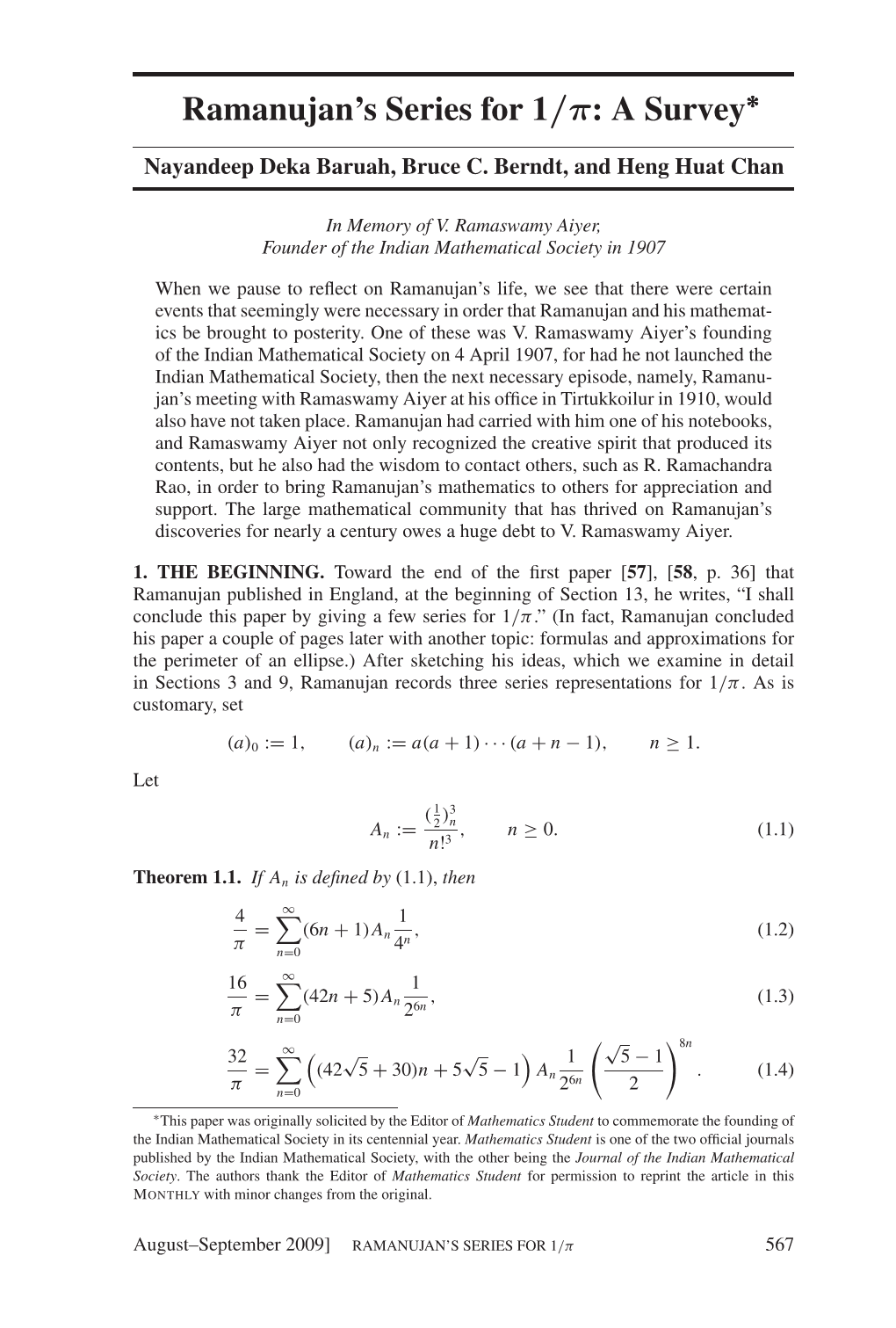 Ramanujan's Series for 1/Π: a Survey