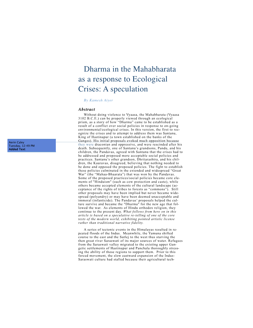Dharma in the Mahabharata As a Response to Ecological Crises: a Speculation