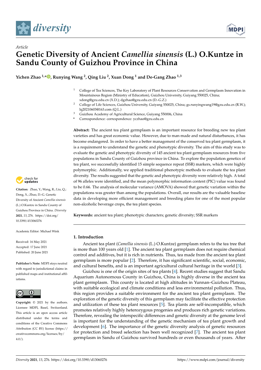 Genetic Diversity of Ancient Camellia Sinensis (L.) O.Kuntze in Sandu County of Guizhou Province in China