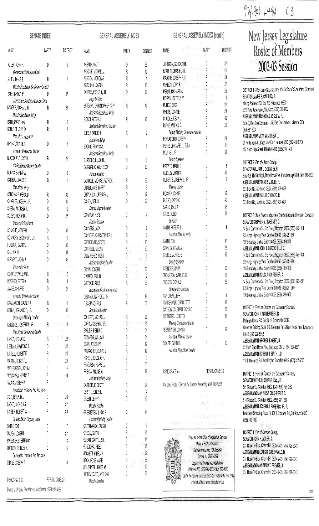 New Jersey Legislature Roster of Members