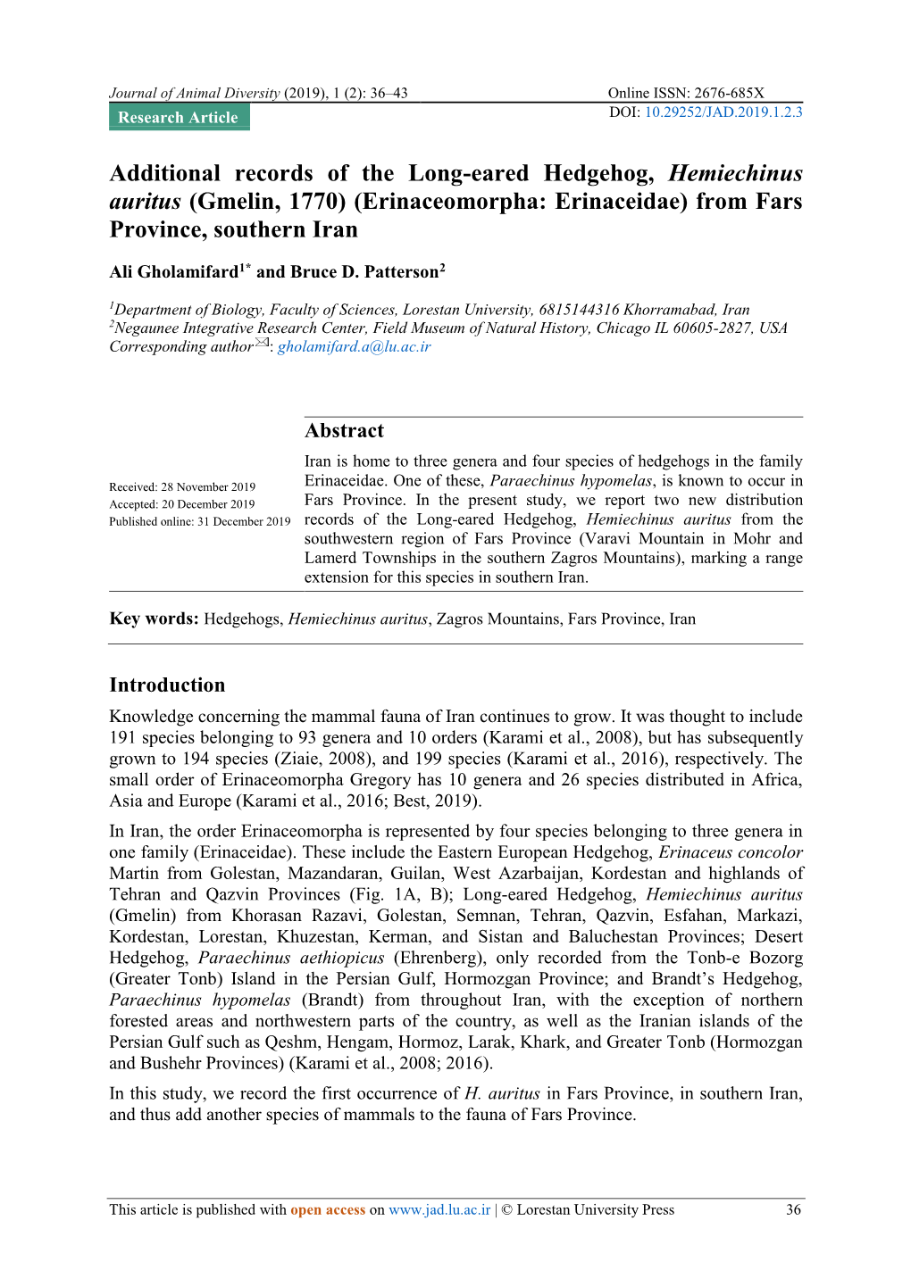 Additional Records of the Long-Eared Hedgehog, Hemiechinus Auritus (Gmelin, 1770) (Erinaceomorpha: Erinaceidae) from Fars Province, Southern Iran