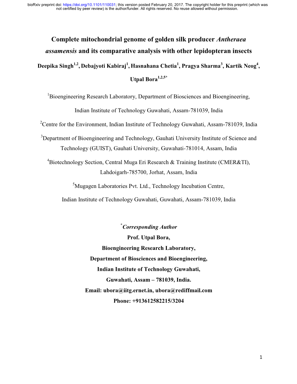 Complete Mitochondrial Genome of Golden Silk Producer Antheraea Assamensis and Its Comparative Analysis with Other Lepidopteran Insects