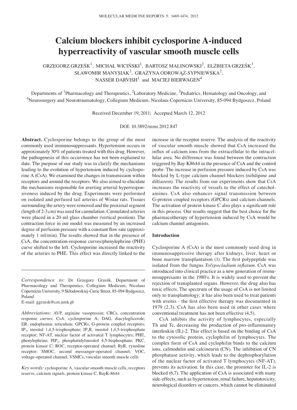 Calcium Blockers Inhibit Cyclosporine A-Induced Hyperreactivity of Vascular Smooth Muscle Cells