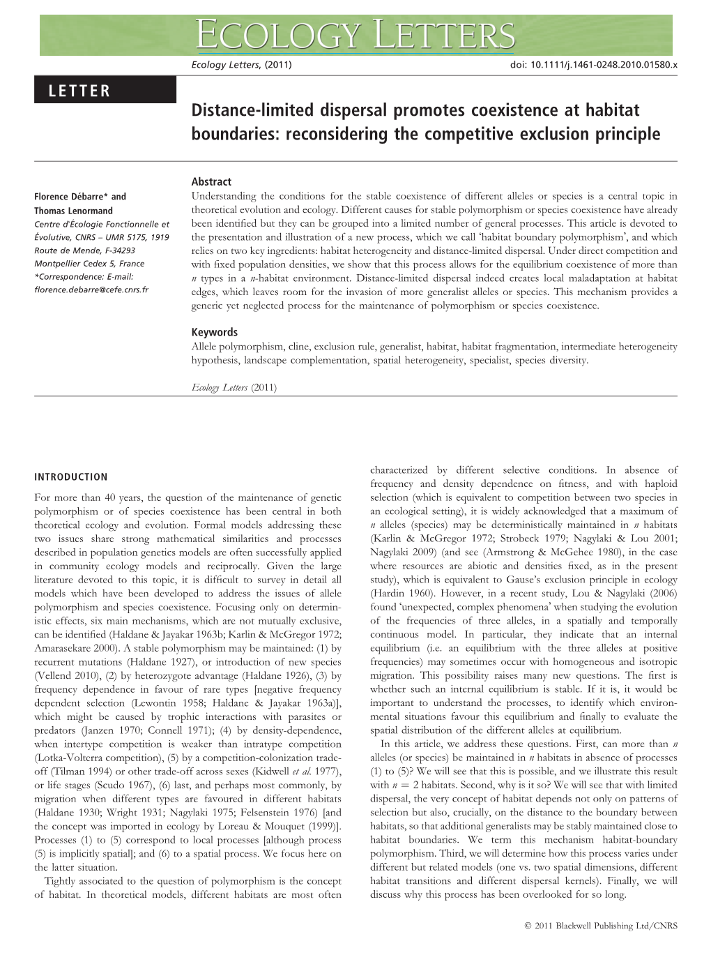 Distancelimited Dispersal Promotes Coexistence at Habitat Boundaries