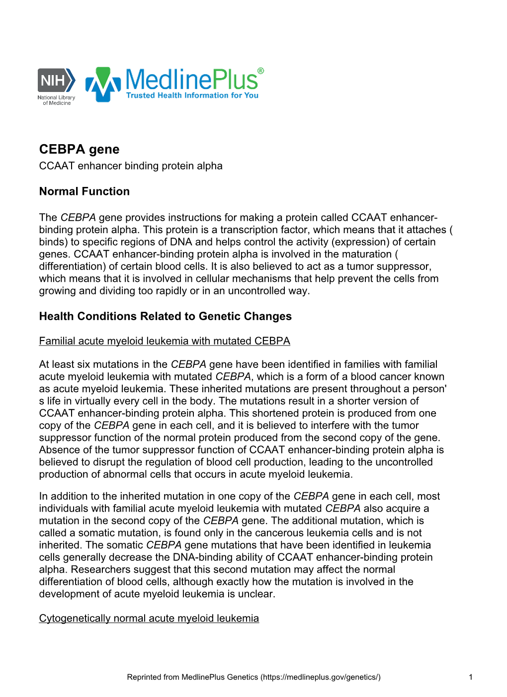 CEBPA Gene CCAAT Enhancer Binding Protein Alpha