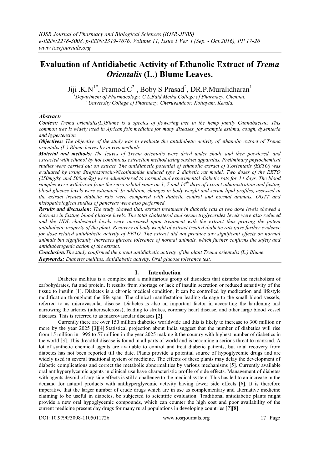 Evaluation of Antidiabetic Activity of Ethanolic Extract of Trema Orientalis (L.) Blume Leaves