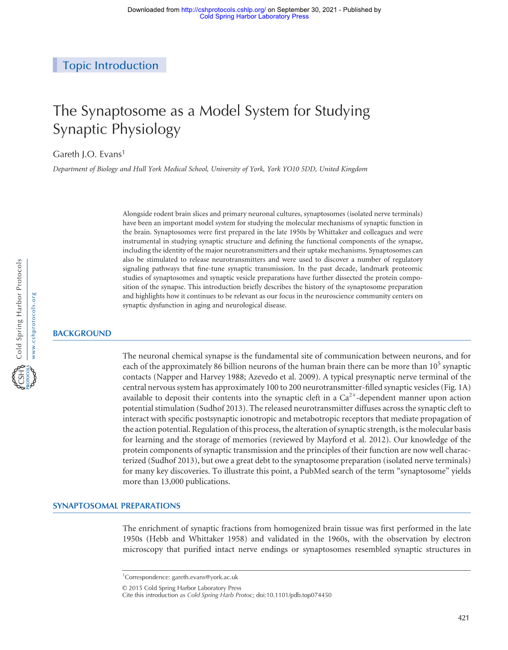 The Synaptosome As a Model System for Studying Synaptic Physiology