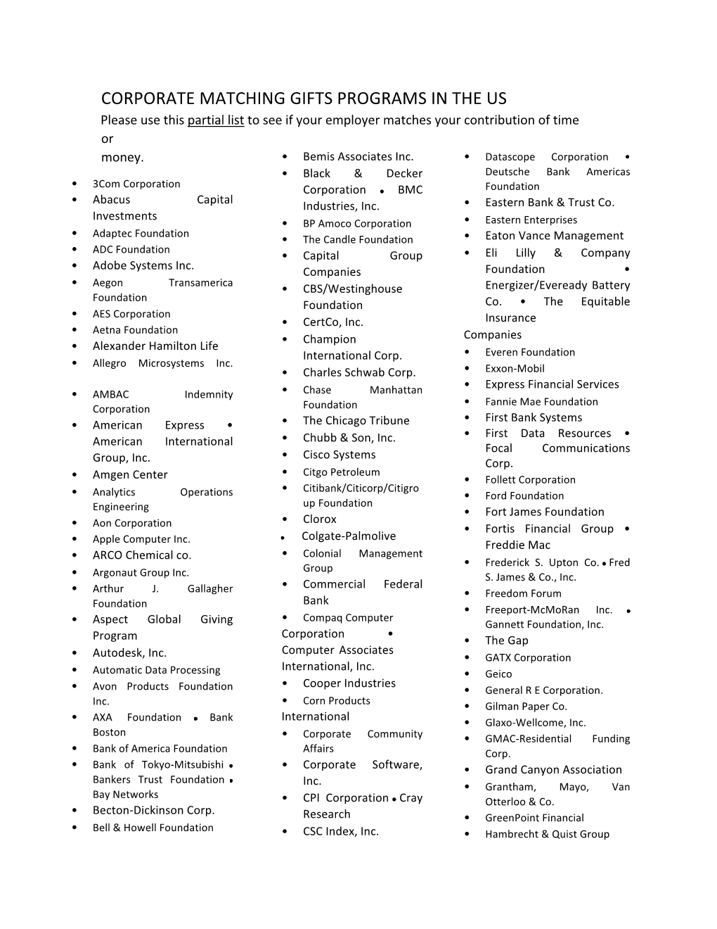 CORPORATE MATCHING GIFTS PROGRAMS in the US Please Use This Partial List to See If Your Employer Matches Your Contribution of Time Or Money