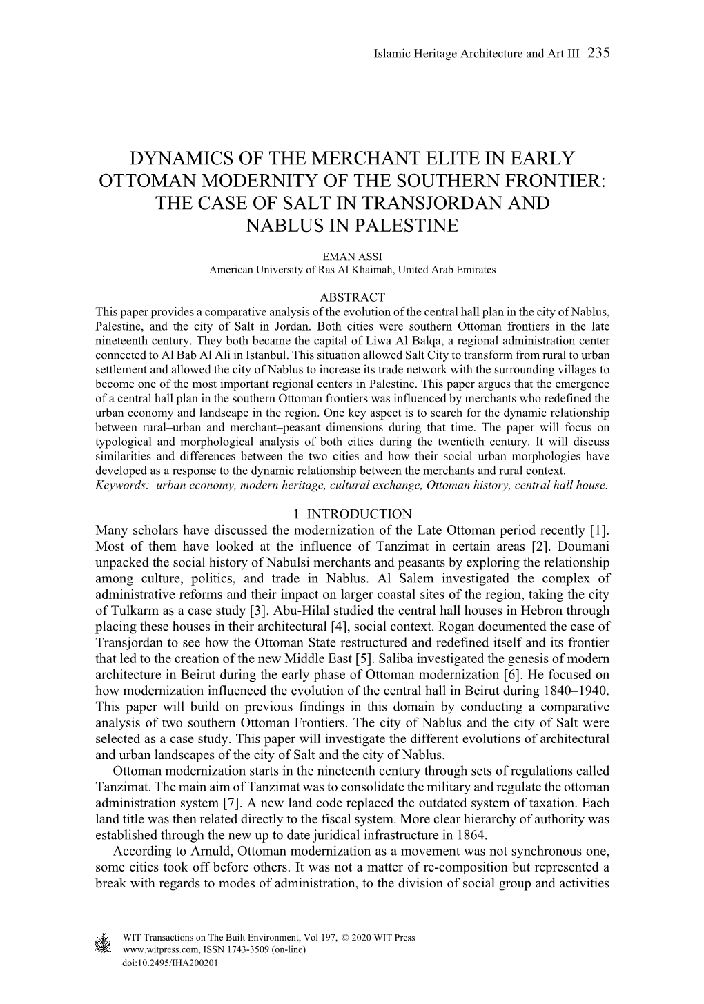 Dynamics of the Merchant Elite in Early Ottoman Modernity of the Southern Frontier: the Case of Salt in Transjordan and Nablus in Palestine