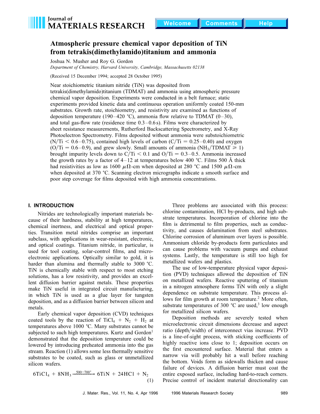 Atmospheric Pressure Chemical Vapor Deposition of Tin from Tetrakis(Dimethylamido)Titanium and Ammonia Joshua N