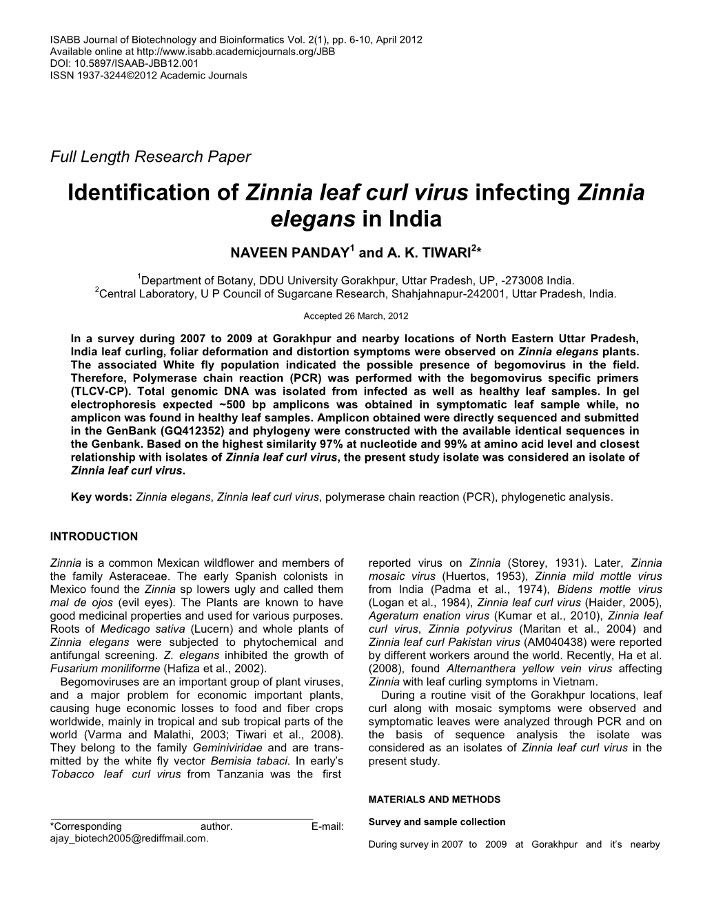 Identification of Zinnia Leaf Curl Virus Infecting Zinnia Elegans in India