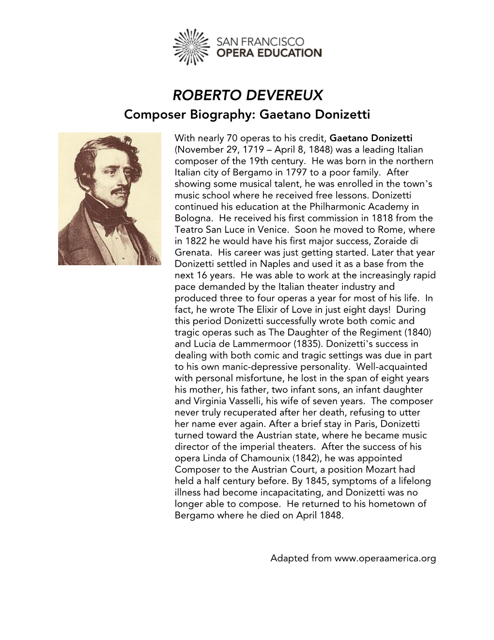 ROBERTO DEVEREUX Composer Biography: Gaetano Donizetti