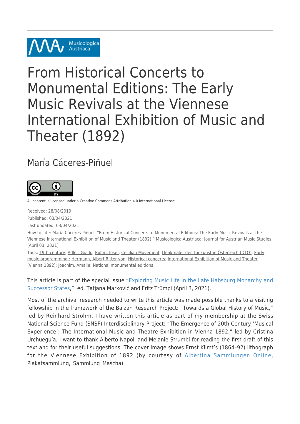 From Historical Concerts to Monumental Editions: the Early Music Revivals at the Viennese International Exhibition of Music and Theater (1892)