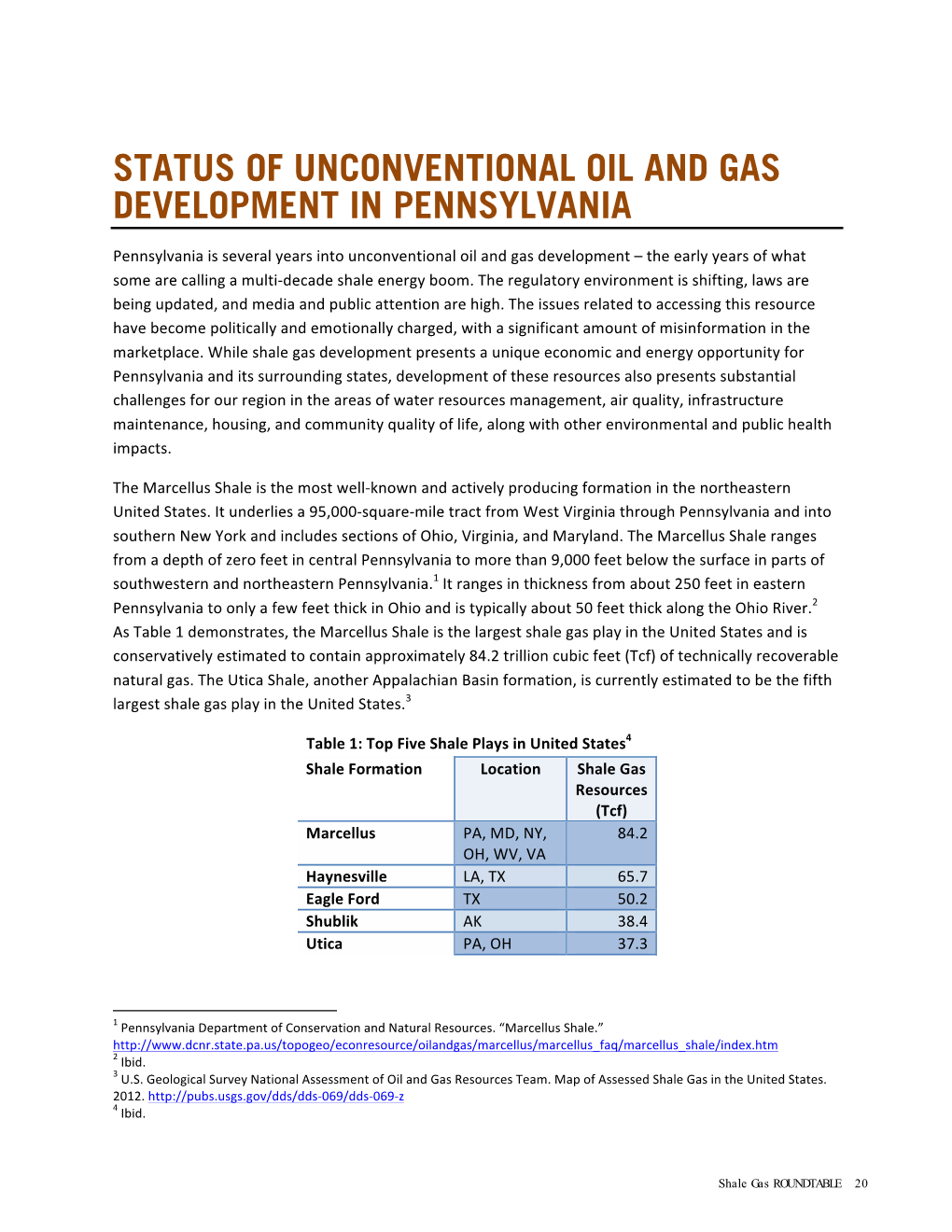 Status of Unconventional Oil and Gas Development in Pennsylvania