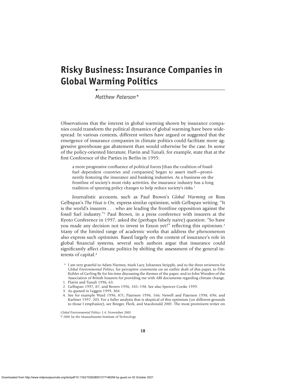 Risky Business: Insurance Companies in Global Warming Politics • Matthew Paterson*