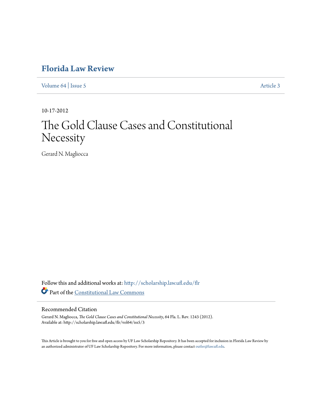 The Gold Clause Cases and Constitutional Necessity, 64 Fla