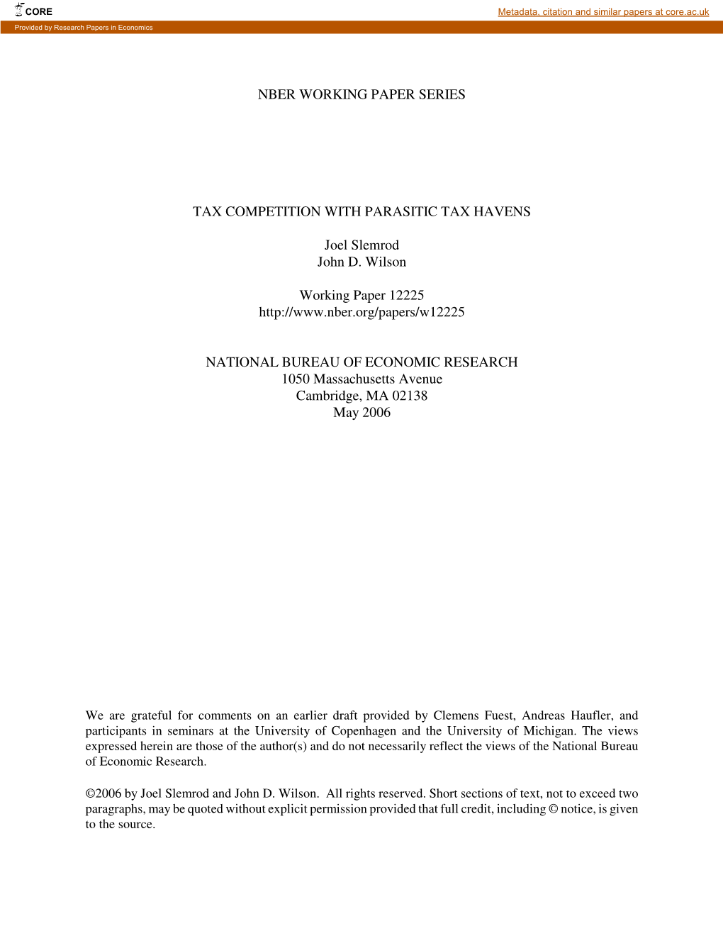 Nber Working Paper Series Tax Competition With