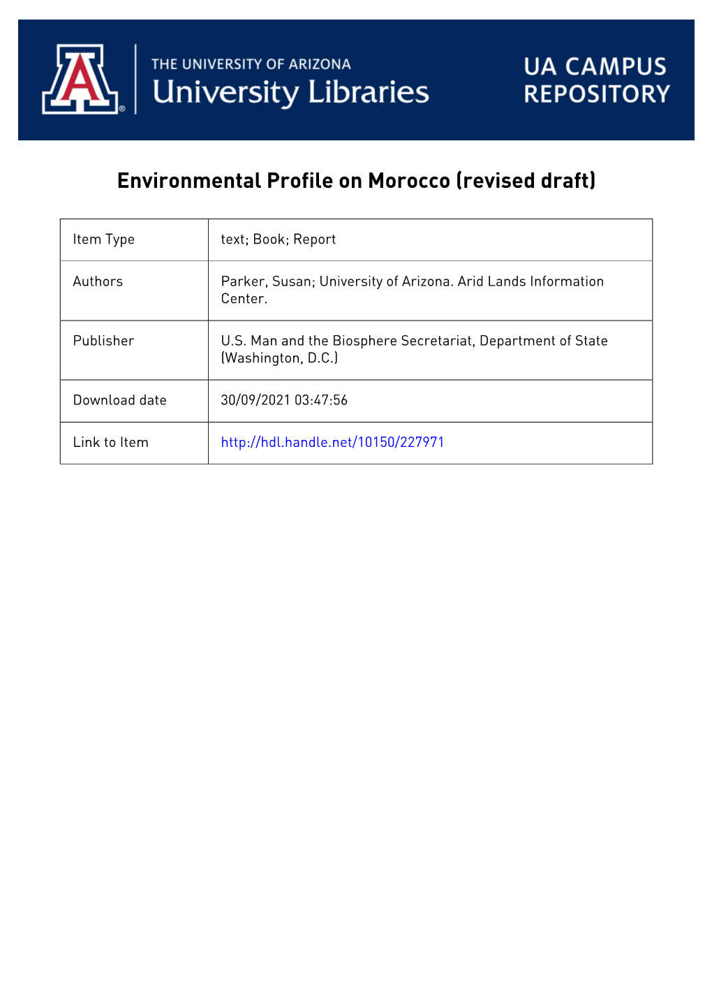 Environmental Profile on Morocco (Revised Draft)