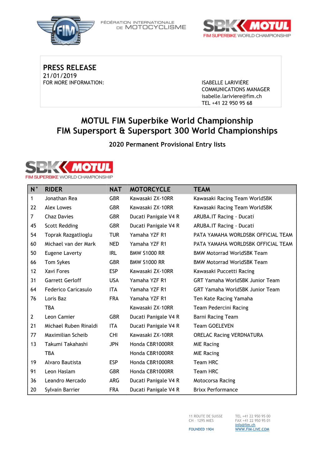 MOTUL FIM Superbike World Championship FIM Supersport & Supersport 300 World Championships 2020 Permanent Provisional Entry Lists