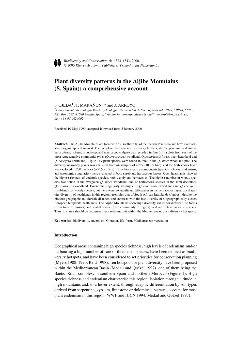 Plant Diversity Patterns in the Aljibe Mountains (S