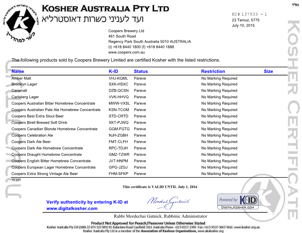 Kosher Certificate