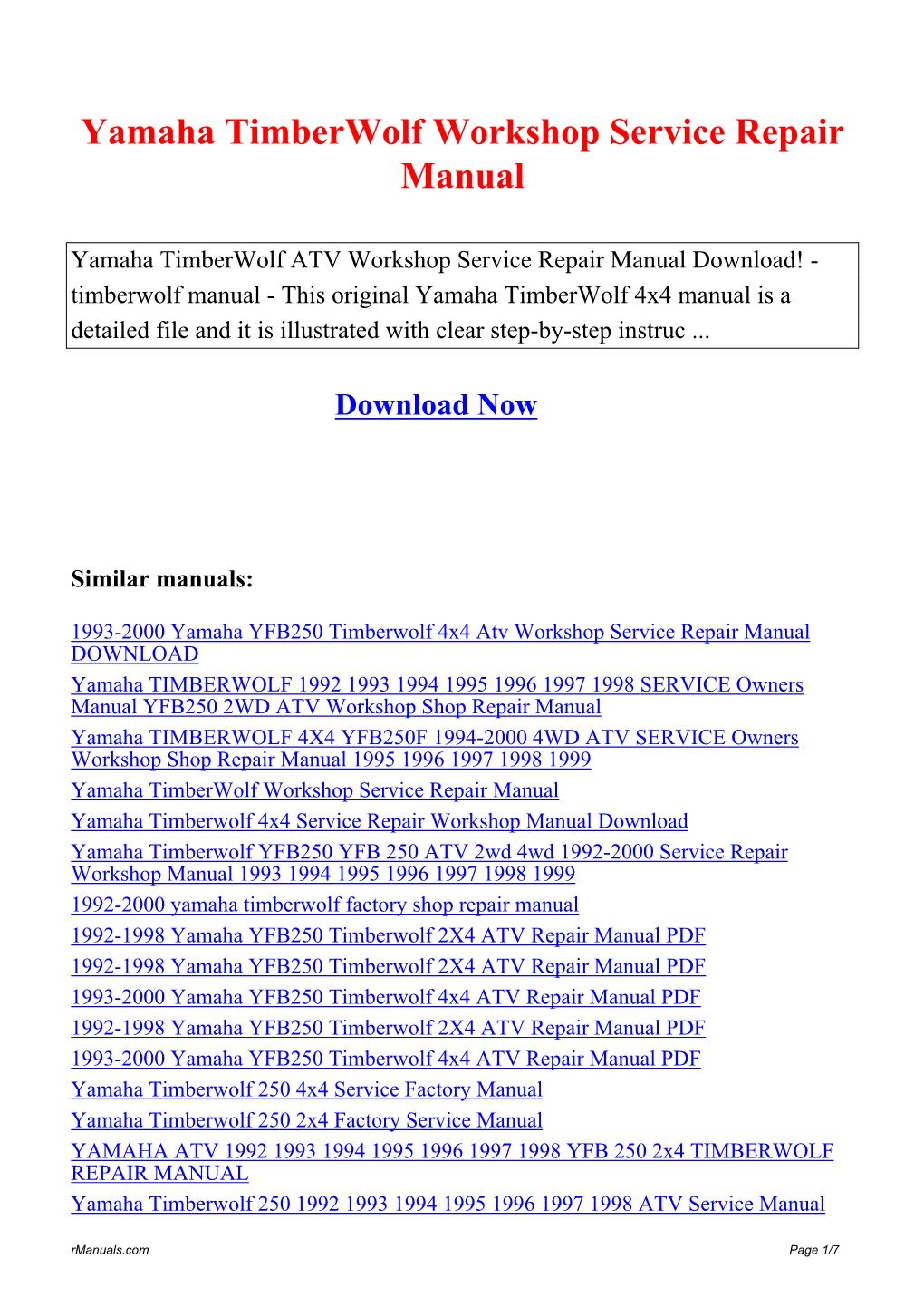 Yamaha Timberwolf Workshop Service Repair Manual