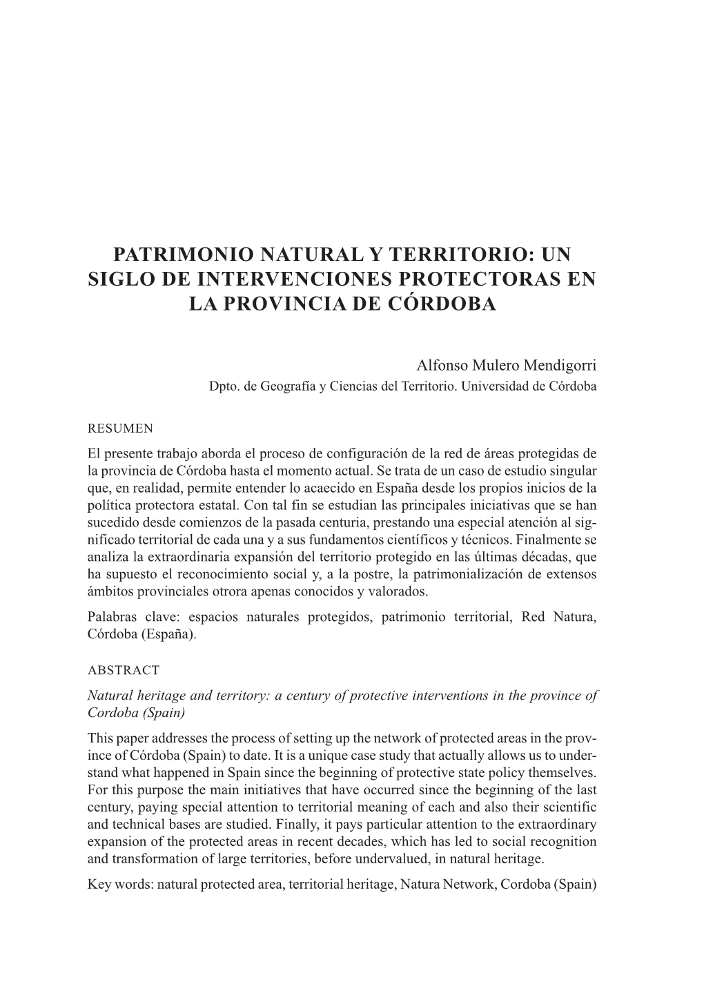 Patrimonio Natural Y Territorio: Un Siglo De Intervenciones Protectoras En La Provincia De Córdoba