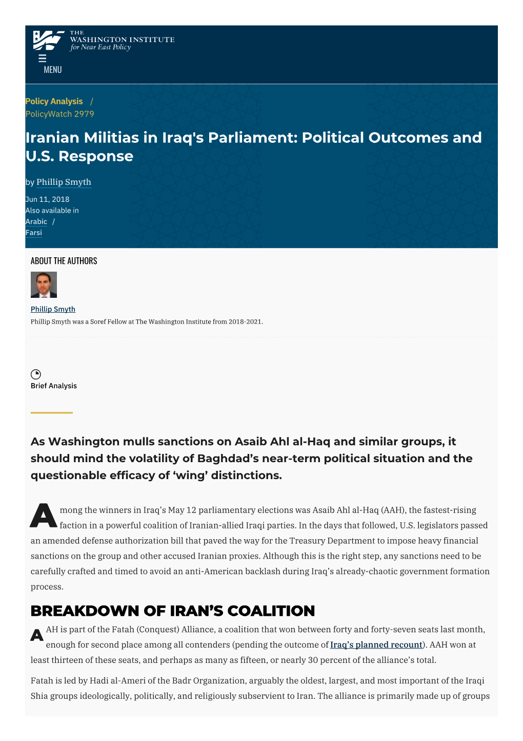 Iranian Militias in Iraq's Parliament: Political Outcomes and US Response