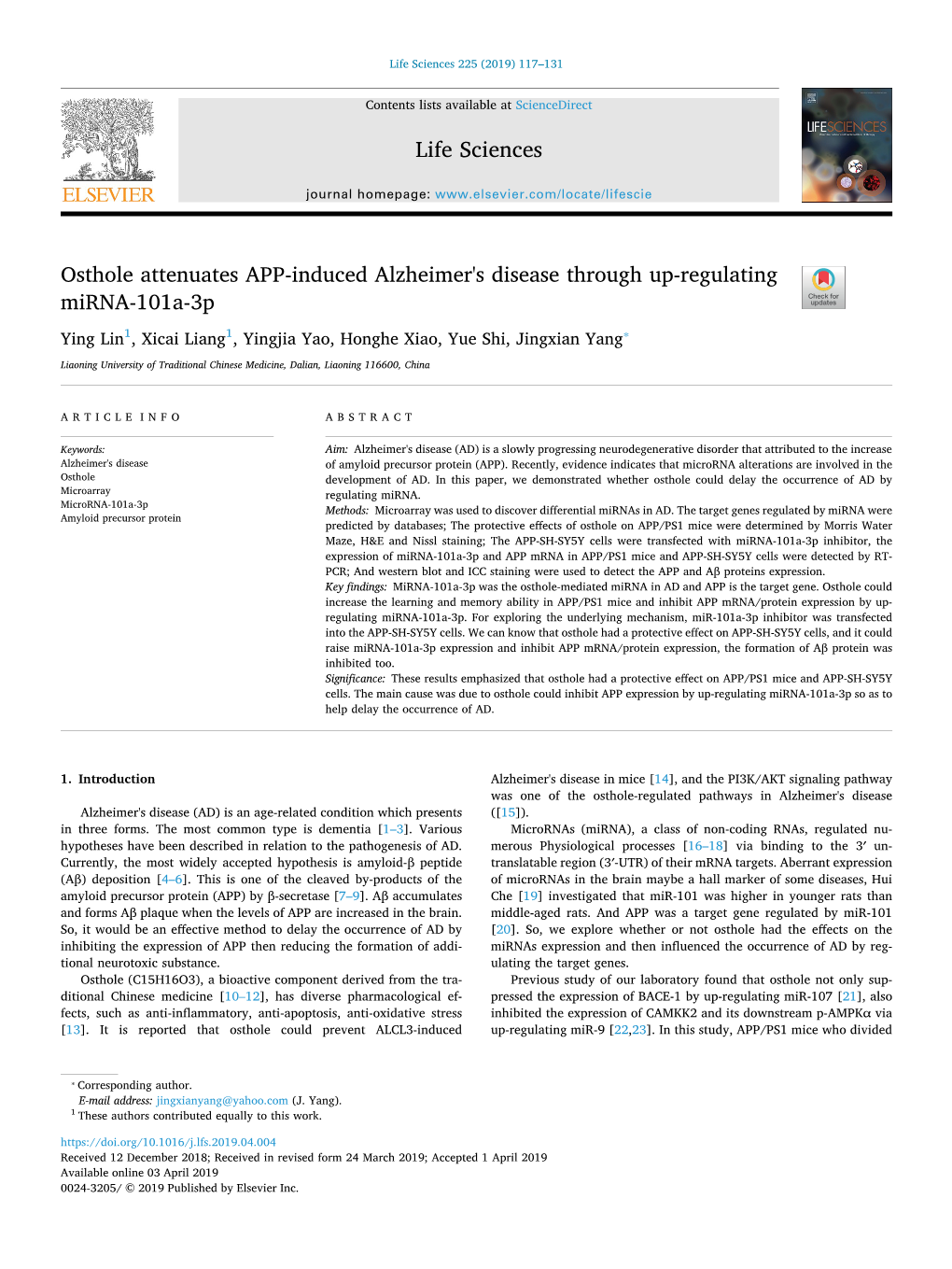 Osthole Attenuates APP-Induced Alzheimer's Disease Through Up-Regulating Mirna-101A-3P