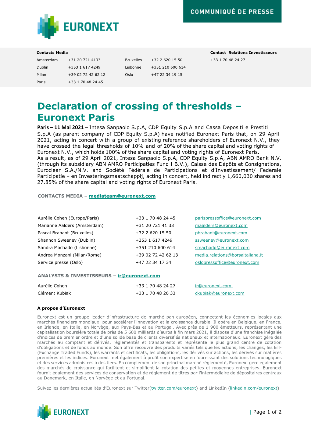 Declaration of Crossing of Thresholds – Euronext Paris