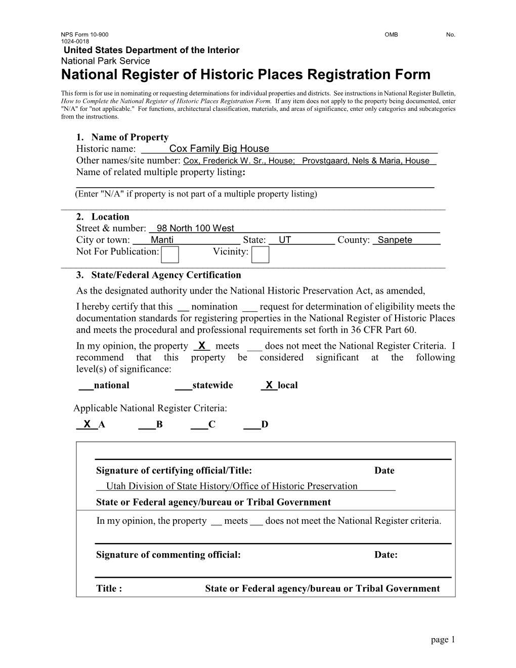 United States Department of the Interior National Park Service National Register of Historic Places Registration Form