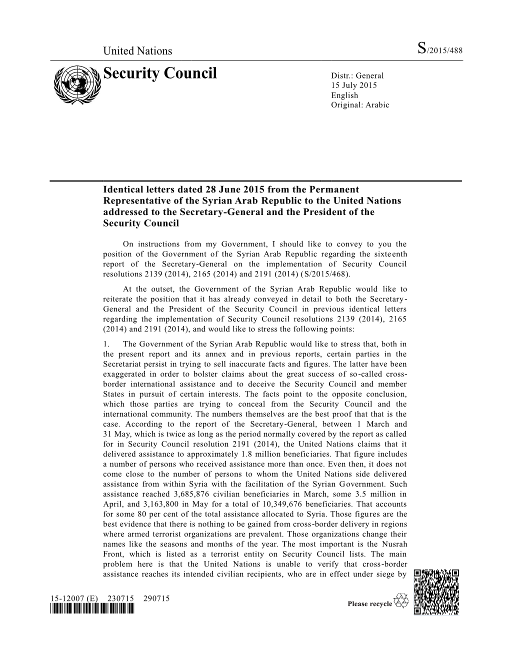 Security Council Distr.: General 15 July 2015 English Original: Arabic