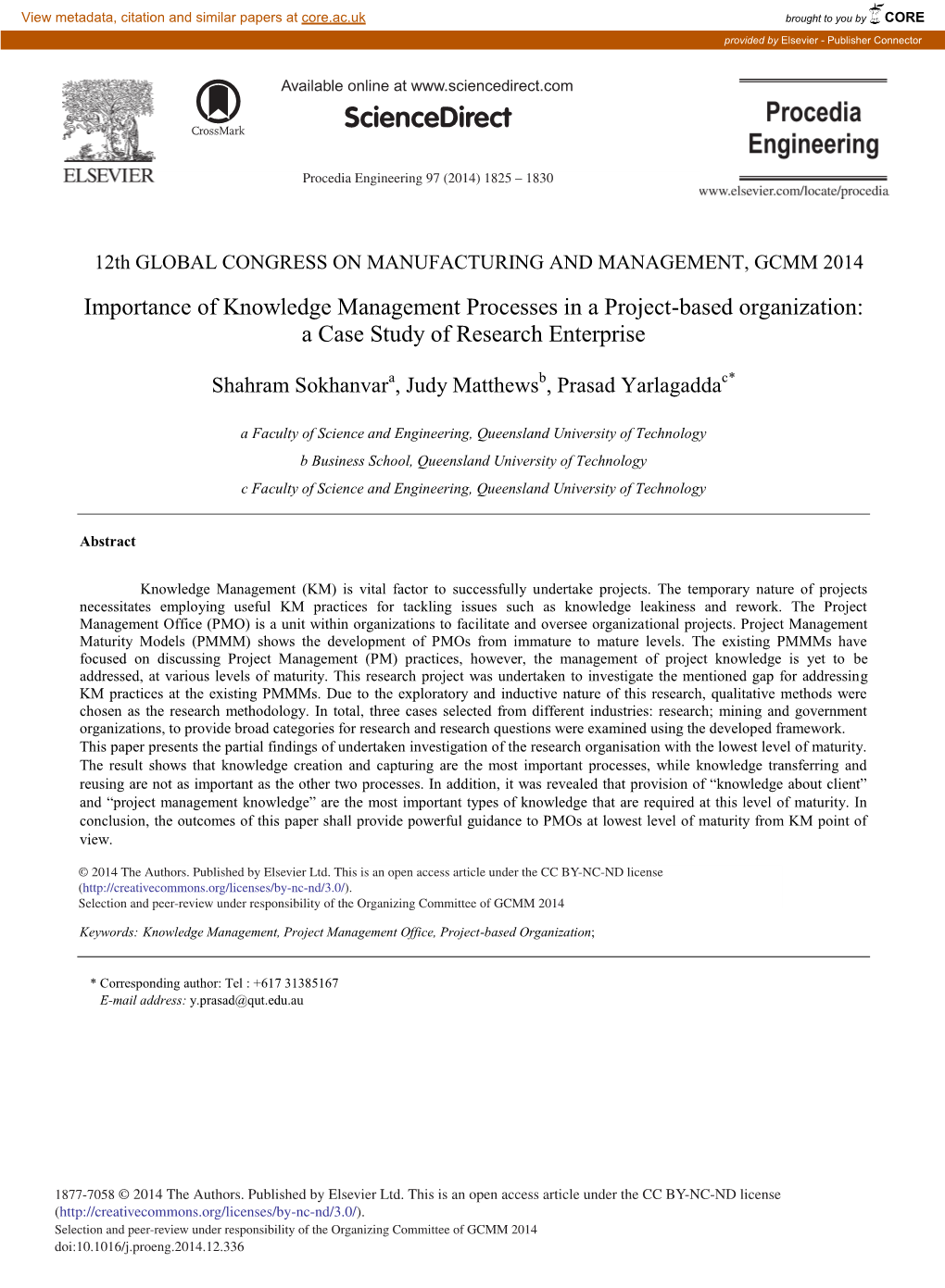 Importance of Knowledge Management Processes in a Project-Based Organization: a Case Study of Research Enterprise