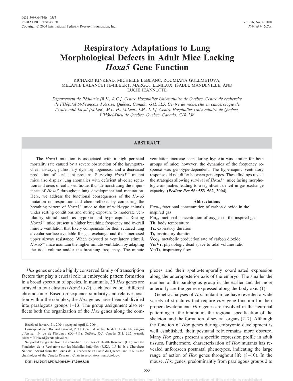 Respiratory Adaptations to Lung Morphological Defects in Adult Mice Lacking Hoxa5 Gene Function