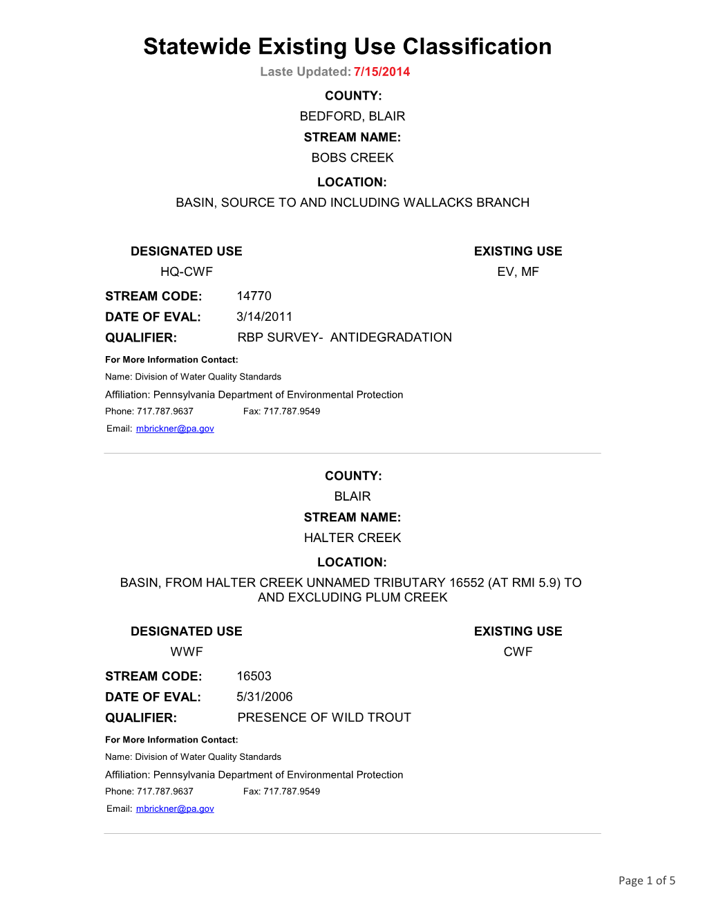 Statewide Existing Use Classification Laste Updated: 7/15/2014 COUNTY: BEDFORD, BLAIR STREAM NAME: BOBS CREEK LOCATION: BASIN, SOURCE to and INCLUDING WALLACKS BRANCH