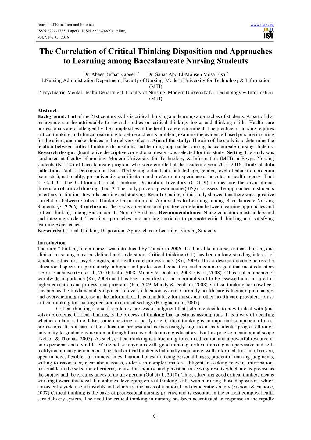 The Correlation of Critical Thinking Disposition and Approaches to Learning Among Baccalaureate Nursing Students