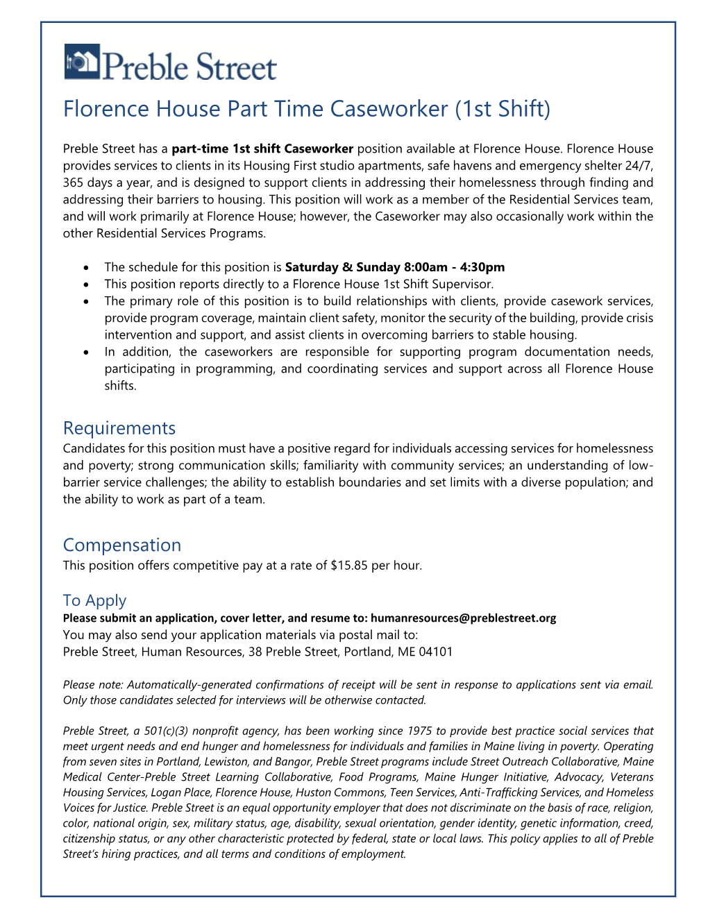 Florence House Part Time Caseworker (1St Shift)