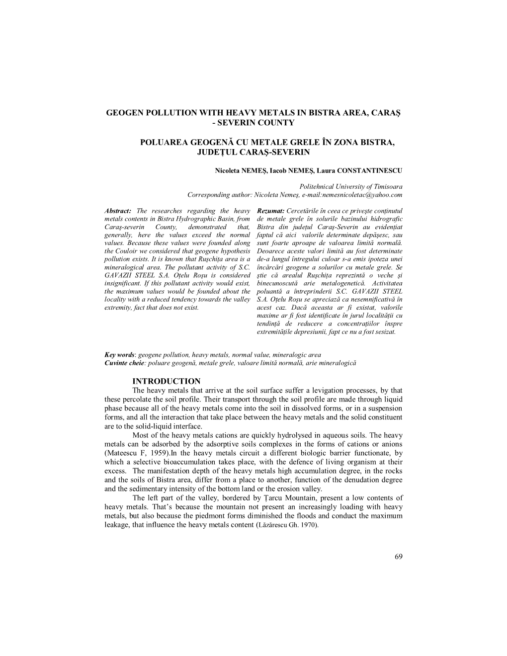 Geogen Pollution with Heavy Metals in Bistra Area, Caraş - Severin County