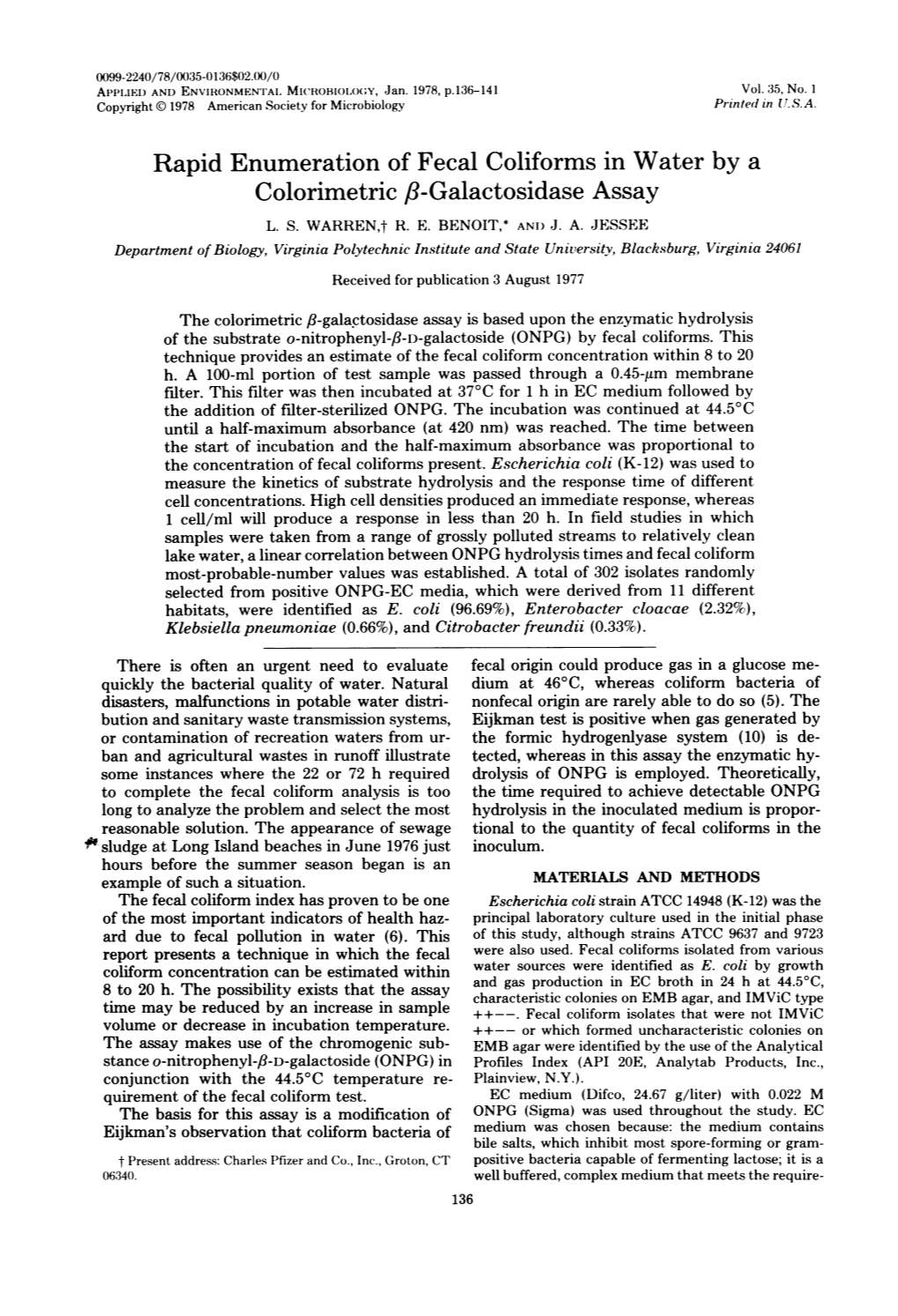 Rapid Enumeration of Fecal Coliforms in Water by a Colorimetric /3-Galactosidase Assay L