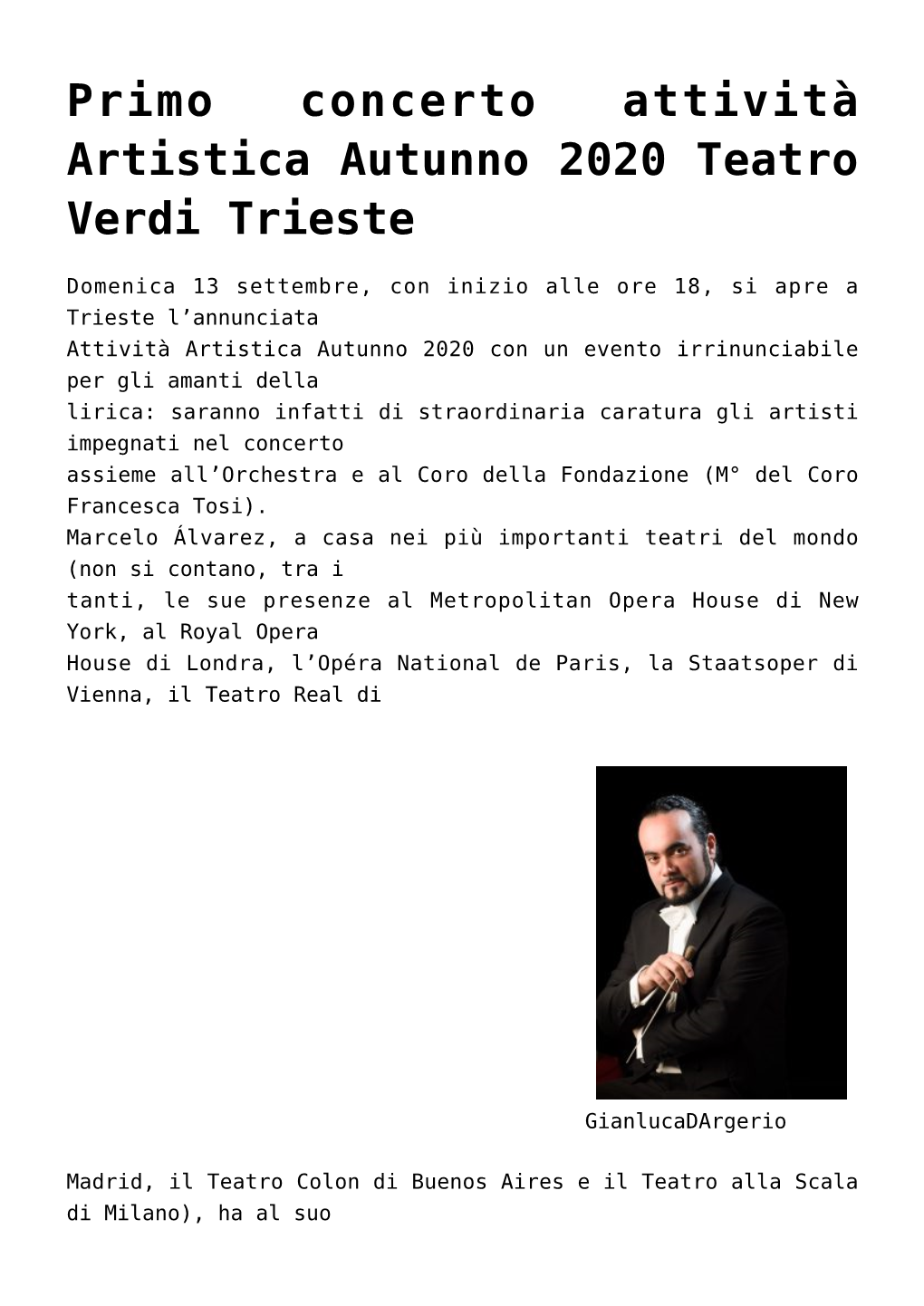 Primo Concerto Attività Artistica Autunno 2020 Teatro Verdi Trieste