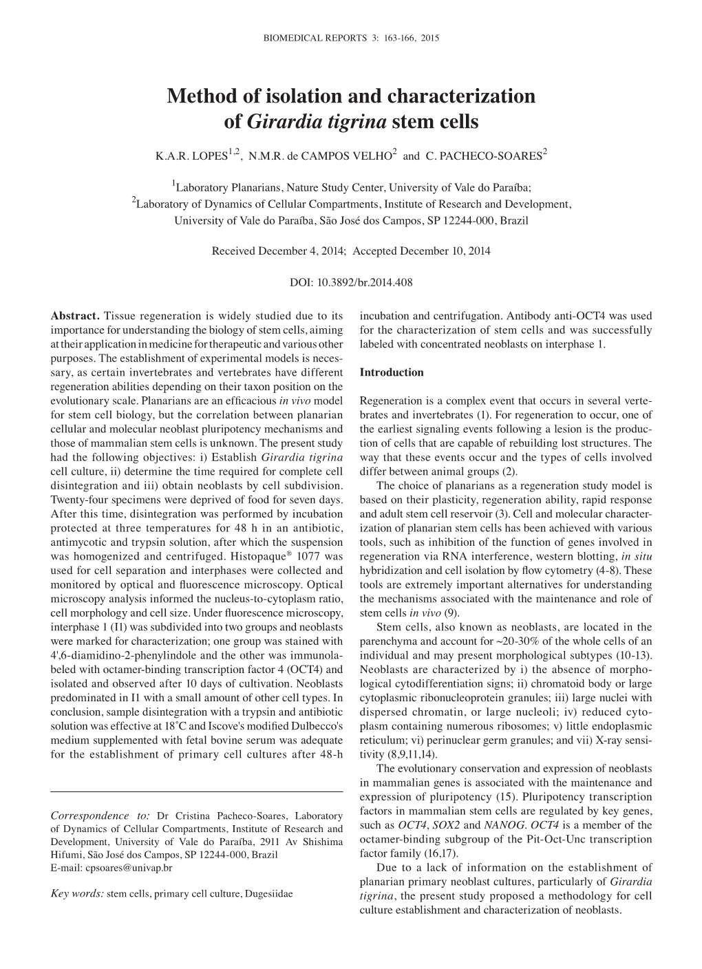 Method of Isolation and Characterization of Girardia Tigrina Stem Cells