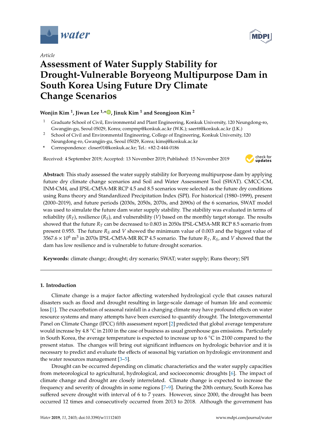 Assessment of Water Supply Stability for Drought-Vulnerable Boryeong Multipurpose Dam in South Korea Using Future Dry Climate Change Scenarios