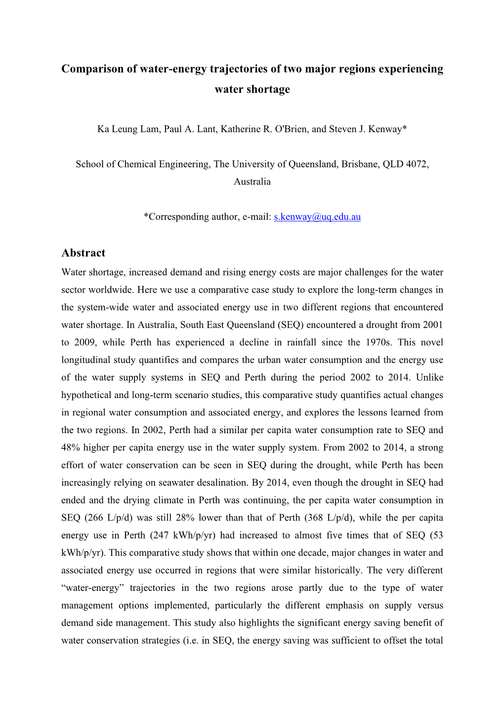 Comparison of Water-Energy Trajectories of Two Major Regions Experiencing Water Shortage