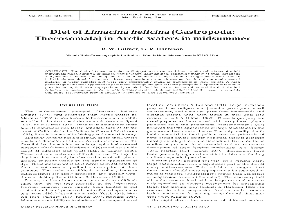 Diet of Limacina Helicina (Gastropoda: Thecosomata) in Arctic Waters in Midsummer